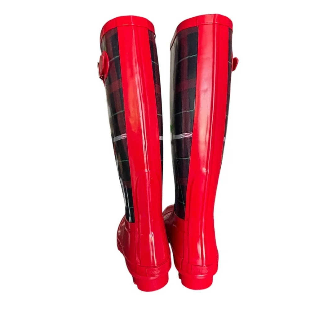 NIB Talbots Winnie Red Plaid Tall Rain Boots Womens‎ Size 7M Waterproof Lug Sole